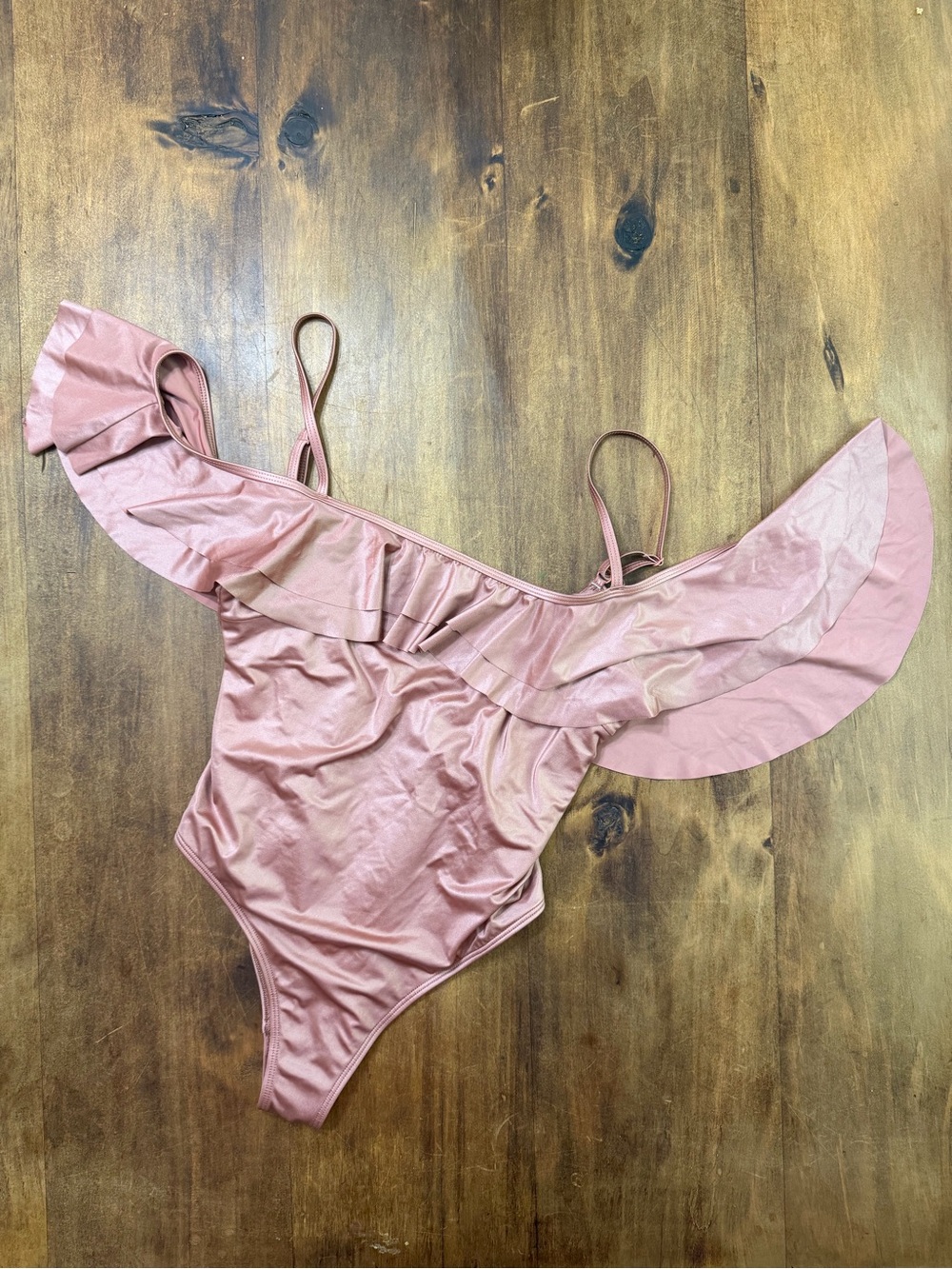 ASOS DESIGN Rose Gold Metallic Ruffle One-Piece Swimsuit | US 8